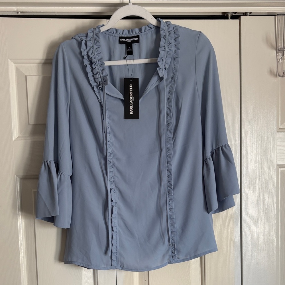 Karl Lagerfeld Light Blue Ruffle-Trim V-Neck Blouse